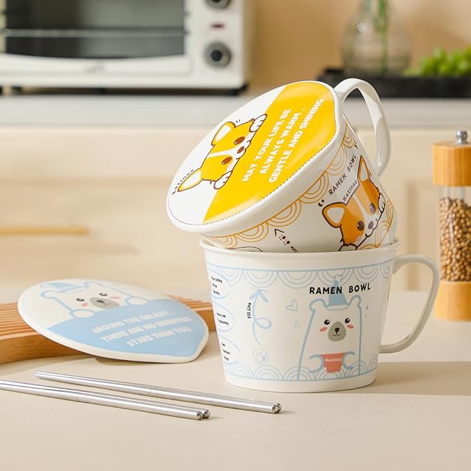 34oz Ceramic Ramen Bowl Set Charming, Lid, Handle, and Stainless Steel Chopsticks Elevate Your Noodle Experience Ideal Gift for Teens and Kids (corgi)