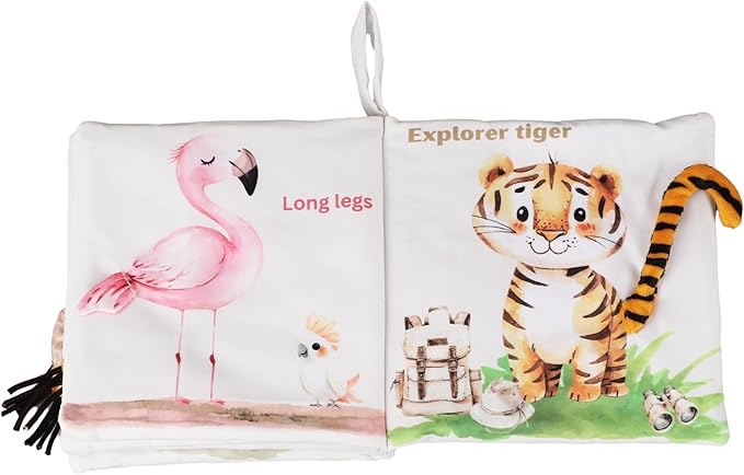 Ali+Oli Baby Cloth Book – Soft Sensory Crinkle Book with Textured Tails for Infants 0-12 Months – Early Learning Touch & Feel Tummy Time Toy – Newborn Shower Gift - Safari Friends