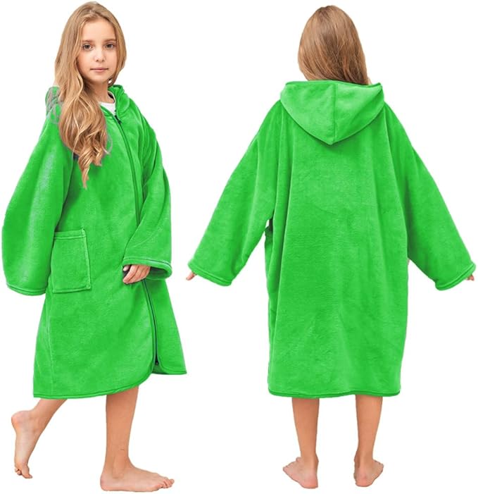 Hiturbo Kids Bath Towel Hoodie: Soft Plush Zipper Surf Poncho - Warm Fleece Changing Towels Swimming Outerwear (Green)