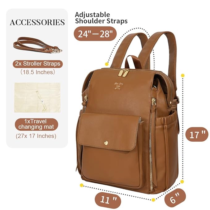miss fong Diaper Bag Backpack Baby Diaper Bag for Girls and Boys, Leather Purse with 13 Pockets Diaper Bag Organizer,Changing Pad,Stroller Straps,4 Insulated Pockets