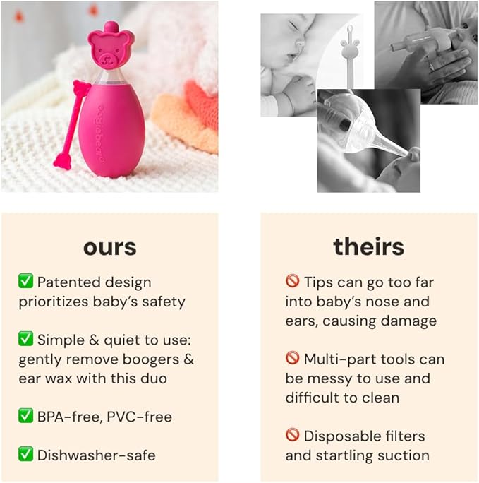 oogiebear: BearPair Baby Nose Cleaner & Ear Wax Removal Tool with Nasal Aspirator - Safe Booger & Earwax Removal for Newborns, Infants, Toddlers - Essential Baby Stuff, Diaper Bag Must-Have - Pink