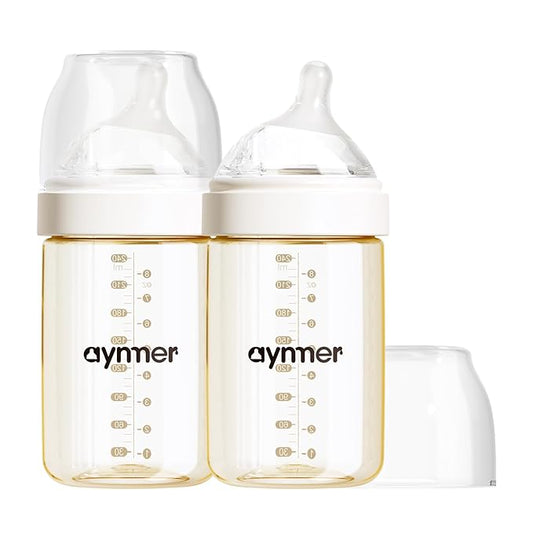PPSU Natural Baby Bottle with Medium Flow Nipple, Anti-Colic, Wide Neck, Easy to Clean, 3 Months +, 8 oz, 2 Pack