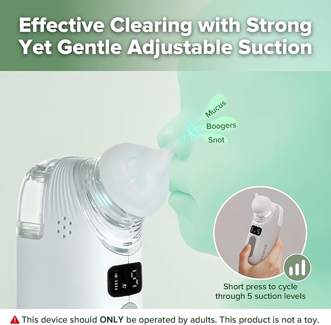 Haakaa Nasal Aspirator for Baby, 2-in-1 Electric Baby Nasal Aspirator with Sprayer β Baby Nose Sucker, Nose Sucker for Baby β 5 Adjustable Suction Levels up to 65kPa, Quiet, Music & Lights