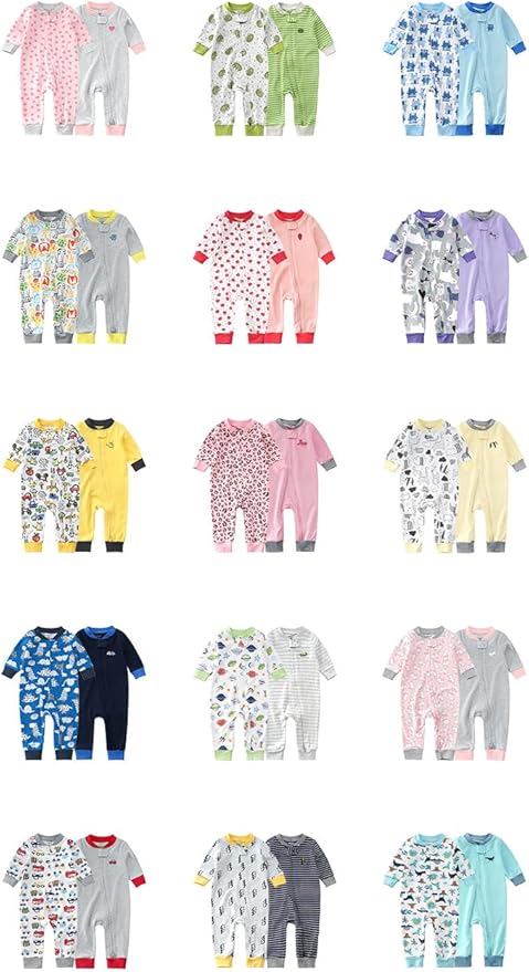 Teach Leanbh Baby 2-Pack Footless Pajamas Cotton Long Sleeve Printing 2 Way Zipper Romper Jumpsuit Sleep and Play 3-24 Months