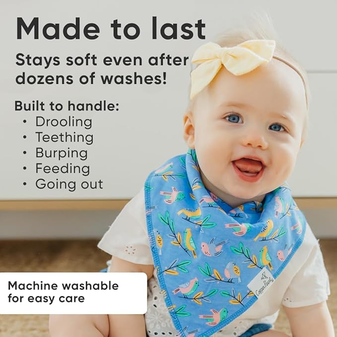 Copper Pearl 4 Pack Soft Cotton Baby Bibs for Drooling and Teething, Absorbent Drool Bibs for Baby Girl and Boy, Adjustable to Fit Newborns to Toddlers, Tons of Styles (Birdie)