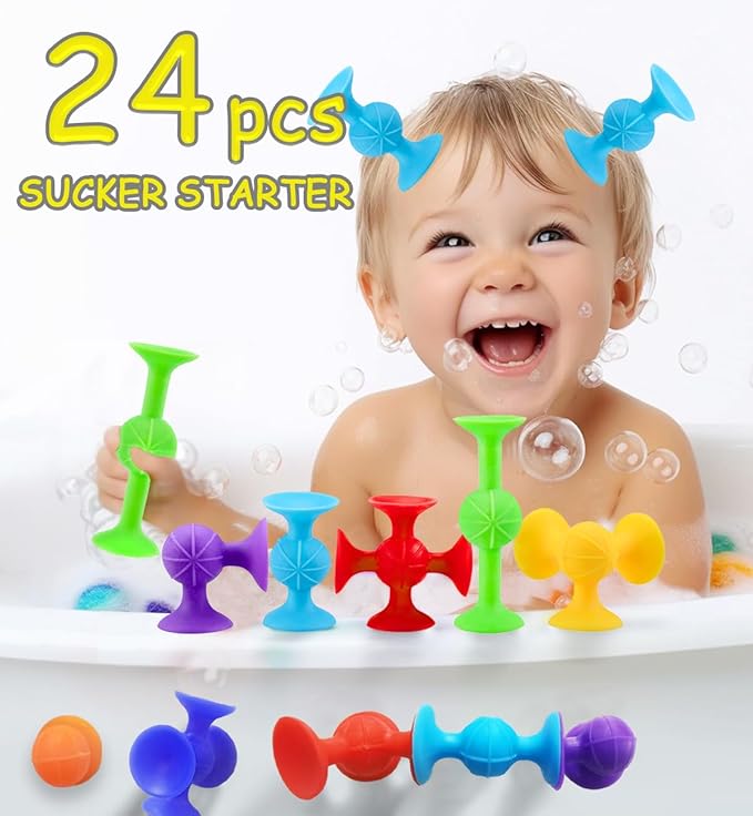Suction Bath Toys for Baby, 24 Piece Starter Set Suction Cup Toys Preschool Sensory Fidget Toys for Toddlers 1-3 4-8 | No Hole Bath Toy | BPA Free Bath Toys (Large Size)