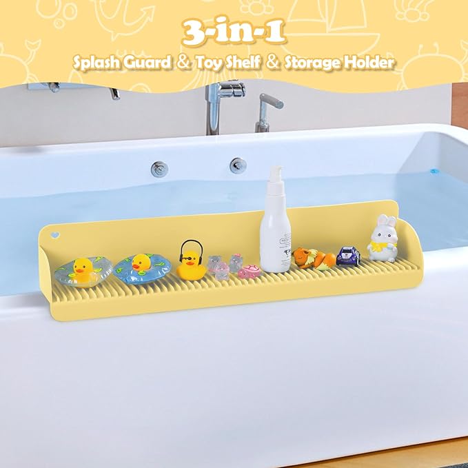 24 Inch Bathtub Splash Guard with 10 Suction Cups, Silicone Tub Water Splash Guard for Bathtub, Bath Toy Tray Holder Play Shelf for Kids, Universal for Bathroom, Kitchen Sink (Yellow)