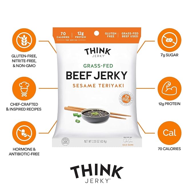 Think Jerky Beef and Turkey Jerky Variety, Original, Sweet Chipotle, Sriracha Honey, Sesame Teriyaki, Healthy Meat Snack, Low Calorie Low Fat - 2.2 oz Bags, 4 Pack, 1 of Each