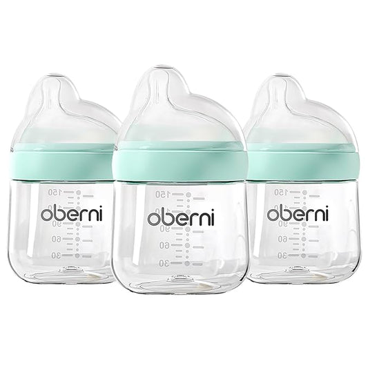 Baby Bottles with Slow Off-Centered Nipple for 0+ Months, Anti Colic Newborn Milk Feeding Bottle, 150ml/5oz/Blue/3Pack