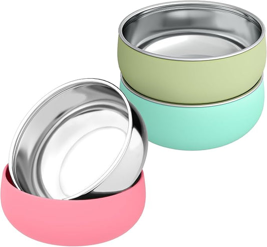 Bella’s Friends Stainless Steel Baby Bowls with Silicone Sleeve 3 Pack, 4.3” for Toddlers Kids Feeding, Non-Slip, Non-Toxic, Mess-Free, Dishwasher Safe, Fit High Chair Size,pink mint green light green