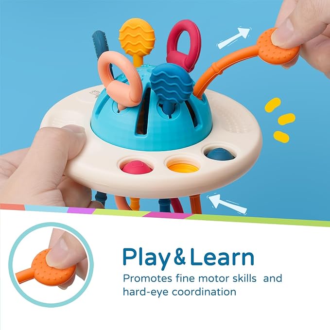 LiKee Montessori Toys for Baby 1+ Years Old, Sensory Development Toys for Toddlers 1-3, Silicone Pull String Travel Toy for 18+ Months, Gift for Baby Shower Infants Car Seat High Chair