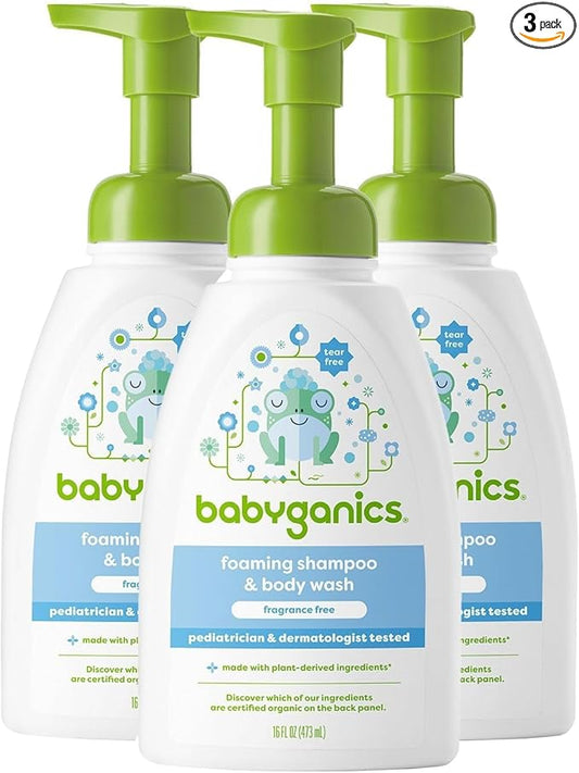 Babyganics Baby Shampoo + Body Wash Pump Bottle, Fragrance Free, 16oz, 3 Pack