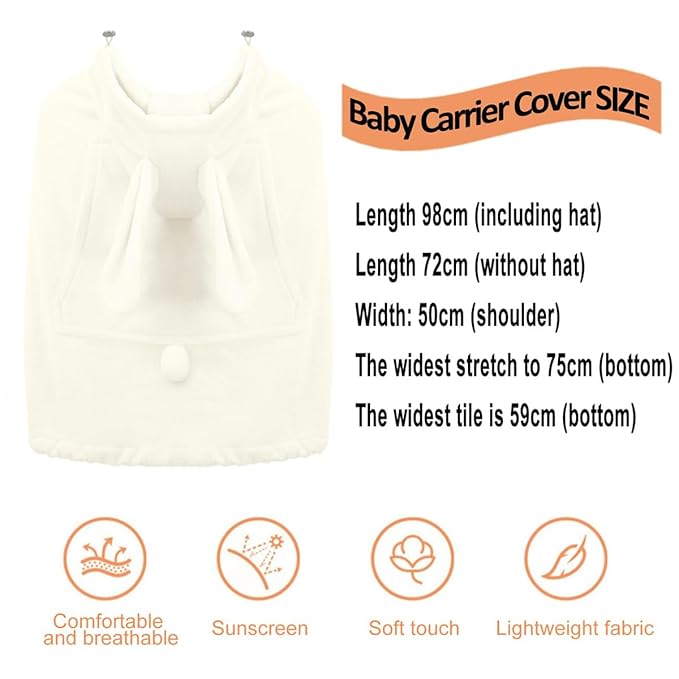 Baby Carrier Cover Stroller Cover -Newborn Hooded Stretchy Cloak Reversible,Cloak Kangaroo Hoodie Baby, Suit for All Seasons-White