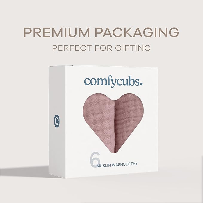 Comfy Cubs Muslin Baby Washcloths 6 Pack - Soft 6-Layer Cotton Wash Cloths for Sensitive Skin - 10"x10" Large, Gentle, Absorbent Infant Essentials for Newborn and Toddlers - Mauve