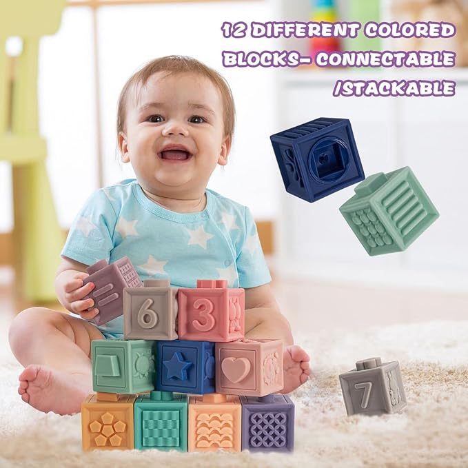 SpringFlower 3 in 1 Montessori Toys for Babies 0-3-6-12 Months, Soft Baby Teething, Stacking Building Blocks for Infants, Sensory Developmental Education Toys for Toddler Baby 12-18 Months,23 PCS