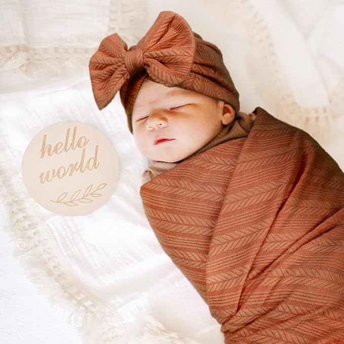 Newborn Receiving Blanket with Bow Hat Mittens Wooden Card Set Wheat-Pattern Newborns Toddler Baby Boy Girl Nursery Swaddle Wrap