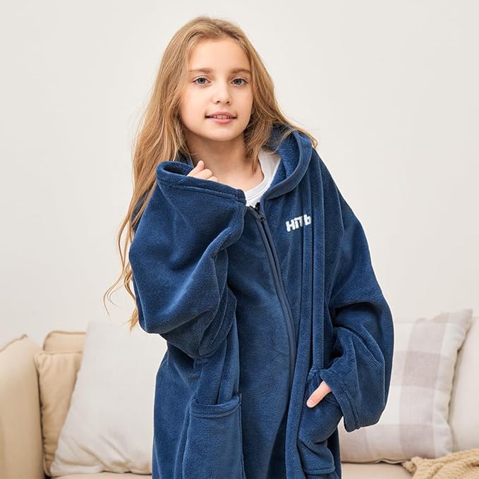 Hiturbo Kids Bath Towel Hoodie: Soft Plush Zipper Surf Poncho - Warm Fleece Changing Towels Swimming Outerwear (Navy)
