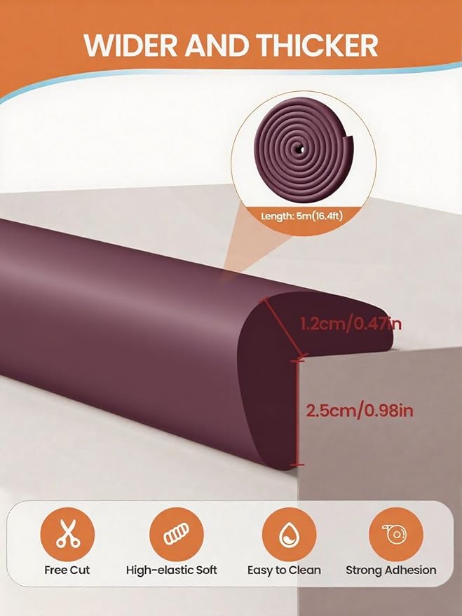 Baby Proof Edge Corner Protector, 16.4FT 0.47''Th L-Shape Furniture Corner & Edge Safety Bumpers with 10 Corners, Pre-Taped, Soft NBR Rubber Foam Desk Edge Cushion Wall Corner Protector (Brown)