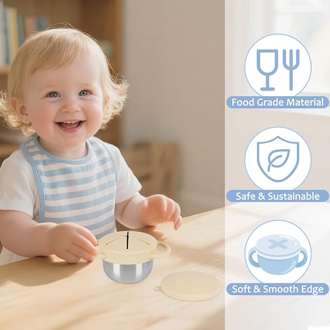 2 Pack 304 Stainless Steel Snack Cups for Toddlers, Toddler Snack Containers with Spill-Proof Silicone Travel Lid & Handle, Dishwasher Safe, Removable Snack Cup for Baby, Toddler, Kids