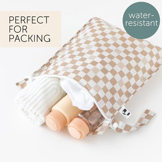 Roamio Waterproof Wet Bag for Baby, Travel, Swim Suit, Cloth Diaper, Pump Parts, Pool, Gym Clothes, Beach, Toiletry, Hook to Stroller, Daycare, Zipper Reusable Bag, Wetdry Packing Pouch, Beige Check