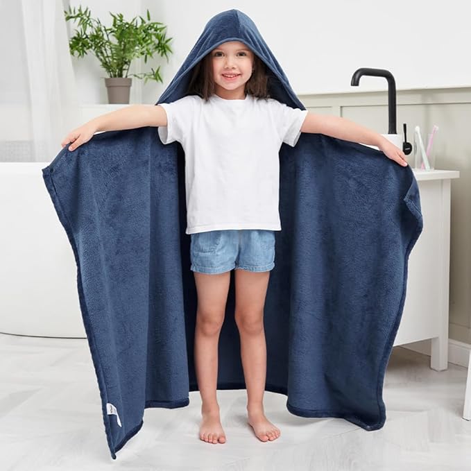 Hiturbo Kids Fleece Hooded Bath Towel: Soft Plush Pool Beach Towel Blanket - 50"x30" Toddler Towels Wrap for Boys Girls 3-12 Years (Navy)