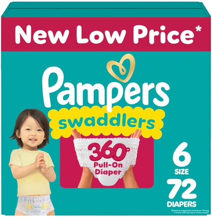 Pampers Diapers - Swaddlers 360° - Size 6, 72 Count, up to 100% Leakproof Comfy Dry Fit, Designed for Easy Changes, Pull On Baby Diaper (Packaging May Vary)
