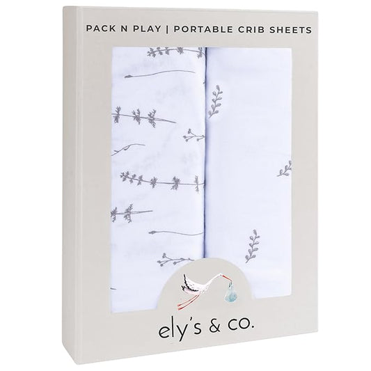 Ely’s & Co. Pack and Play Sheets, for Mini/Portable Crib, 2 Pack Fitted Playpen Play Yard Sheet Set Compatible with Graco Pack n Play, for Baby Boys/Girls, 100% Cotton, Forest Grey Floral, 38”x24”x5”