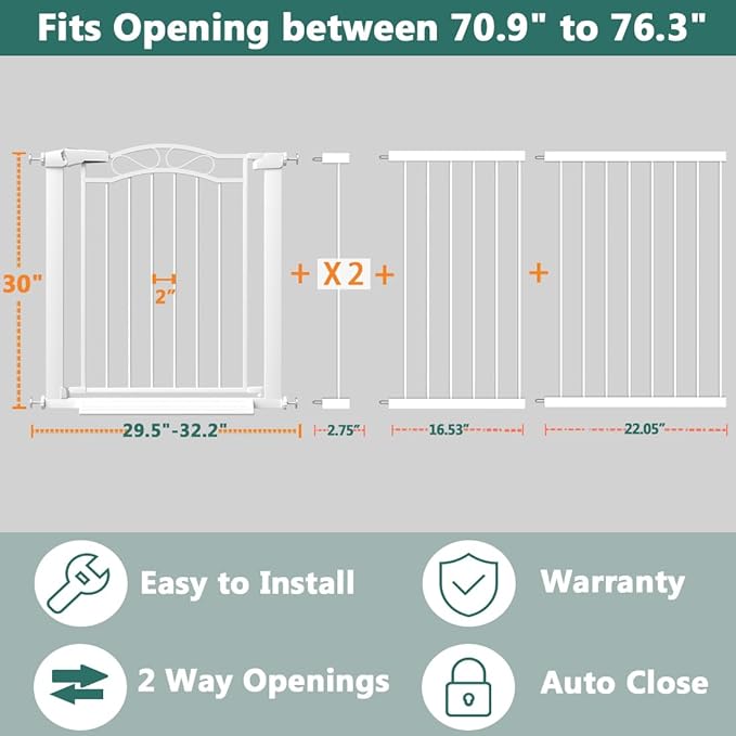 Fairy Baby 70.9"-76.3" Extra Wide Baby Gate, Pressure Mounted Auto Close Child Safety Gate for Kids Or Pets Walk Thru No Drill Long Dog Gates Indoor for House Doorway, White