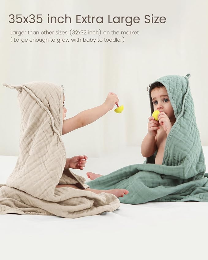 Hooded Baby Towels for Newborn, 35x35 Inch 3 Pack 100% Muslin Cotton Baby Bath Towel, Soft Baby Beach Towels with Hood for Infants, Toddlers and Kids, Essentials Must Haves