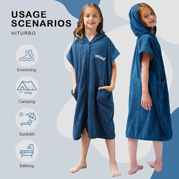 Hiturbo Kids Bath Towel Hoodie: Absorbent Quick Dry Zipper Surf Poncho - Changing Towels Swimming Outerwear (Navy)