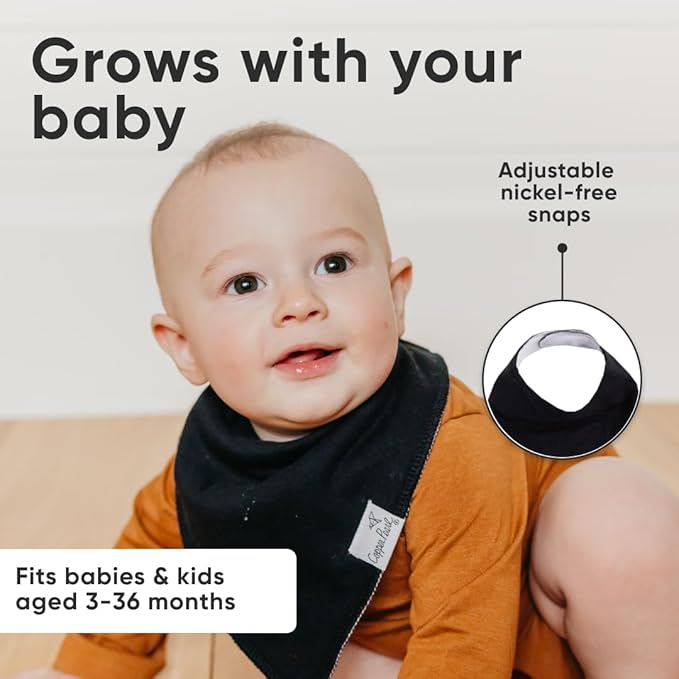 Copper Pearl 4 Pack Soft Cotton Baby Bibs for Drooling and Teething, Absorbent Drool Bibs for Baby Girl and Boy, Adjustable to Fit Newborns to Toddlers (Black Basics)