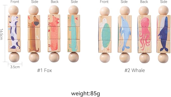 Promise Babe Wooden Animal Puzzle Toy for Toddlers 1-3, Rotating Spin Twist Blocks Set of 2, Learning Educational Montessori Toy Gifts for Kids Boys Girls, Whale and Fox
