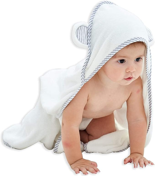 HIPHOP PANDA Hooded Towel - Rayon Made from Bamboo, Bath Towel with Bear Ears for Newborn, Babie, Toddler, Infant - Absorbent Large Baby Towel - White, 37.5 x 37.5 Inch