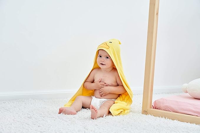HIPHOP PANDA Hooded Towel - Rayon Made from Bamboo, Bath Towel with Bear Ears for Newborn, Babie, Toddler, Infant - Absorbent Large Baby Towel - Yellow Duck, 30 x 30 Inch