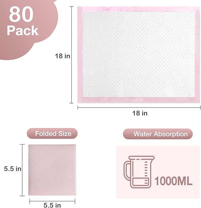 80 Count Disposable Baby Changing Pads, 18”x18” Pink – Super Absorbent Leakproof Quick-Drying, Soft Skin-Friendly Disposable Underpads for Infants, Mess-Free Diaper Changes at Home or On-The-Go