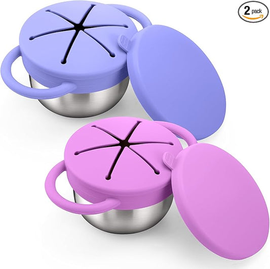 BUSOHA 2 Pack Stainless Steel Toddler Snack Cups - 9 OZ Spill-Proof Baby Snack Containers with Lid Travel Snack Containers for Kids Food Grade Silicone Dishwasher Safe