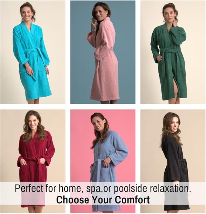 Soft Touch Linen Women's Robe Terry Cloth Kimono Bathrobe Thick 100% Cotton