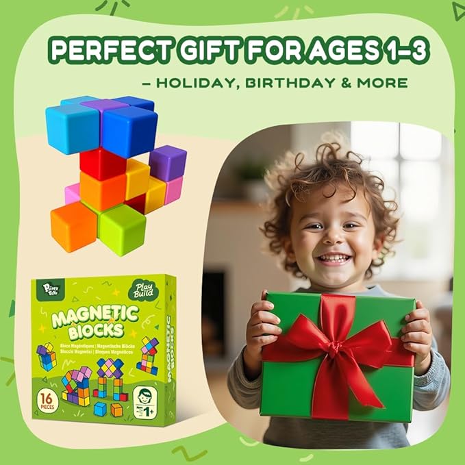 Magnetic Blocks, Large Magnetic Building Blocks for Toddlers, 1.65 Inch 3D Magnet Cubes in 8 Colors, Montessori & Sensory Stacking Toy Gift for Kids Ages 1-3 (16PCS)