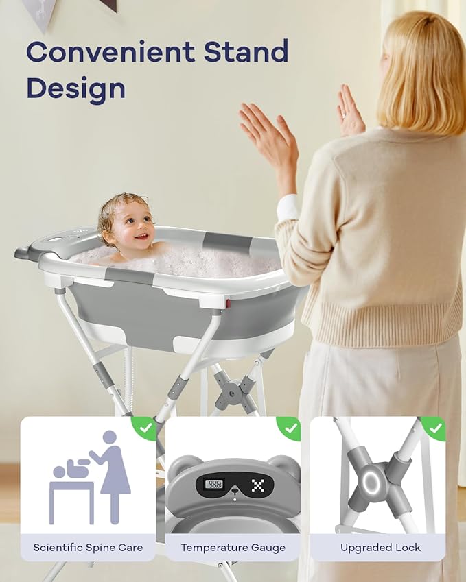 AVIDOR 2-in-1 Baby Bathtub with Stand for Newborn and Infants, Foldable Baby Bath Tub, Baby Shower Gifts for New Parents