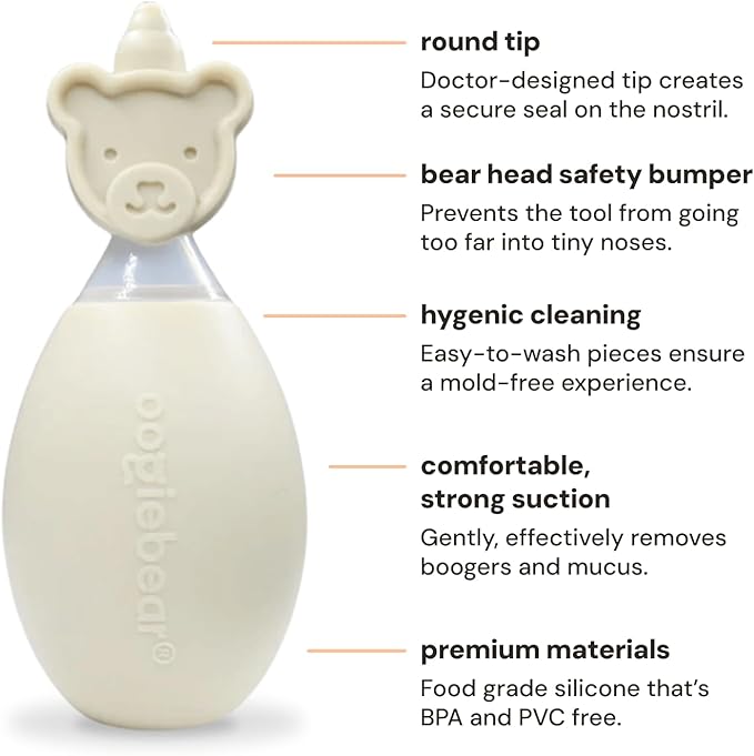 oogiebear BearPair Silicone Bulb Baby Nasal Aspirator and Ear & Nose Syringe, Safely Sucks Snot and Removes Mucus, Cleanable and Reusable, Grey