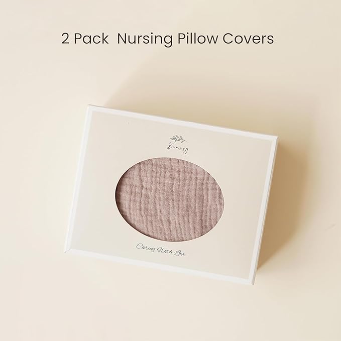 Konssy 2-Pack Muslin Nursing Pillow Covers, Soft & Adorable Nursing Covers for Breastfeeding Pillows, Slipcovers for Newborn Boys & Girls(Soft Blooms,Taupe)