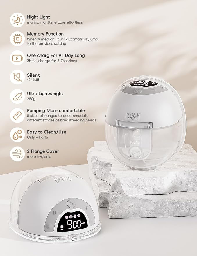 b&h Electric Wearable Breastfeeding Pump with Night Light, Hospital Grade Breast Pump Hands Free, 4 Modes & 9 Levels, 17/19/21/24/27mm Flange, Baby Mouth Double-Sealed Flange, Milk Pump for Moms -Grey