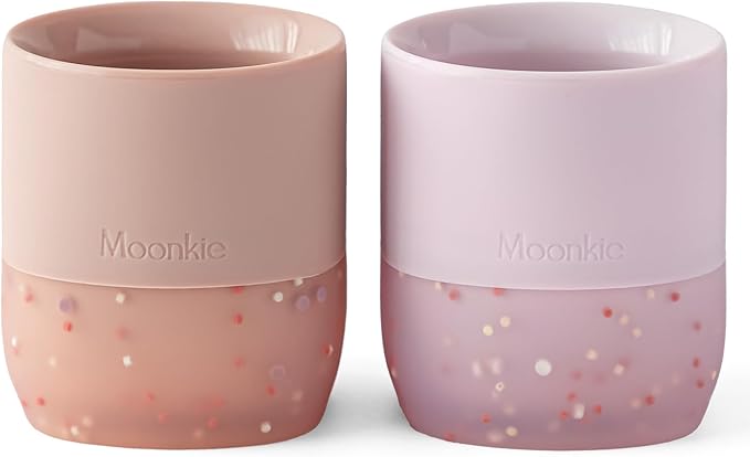Moonkie Silicone Baby Cups 4 Months+ | Tiny Open Training Cups for Infants with Confetti Sprinkles | Baby-Led Weaning Essential | 2 oz (Blush/Soft Lilac, 2 Pack)