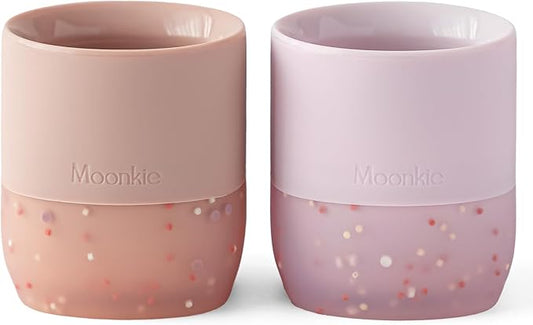 Moonkie Silicone Baby Cups 4 Months+ | Tiny Open Training Cups for Infants with Confetti Sprinkles | Baby-Led Weaning Essential | 2 oz (Blush/Soft Lilac, 2 Pack)
