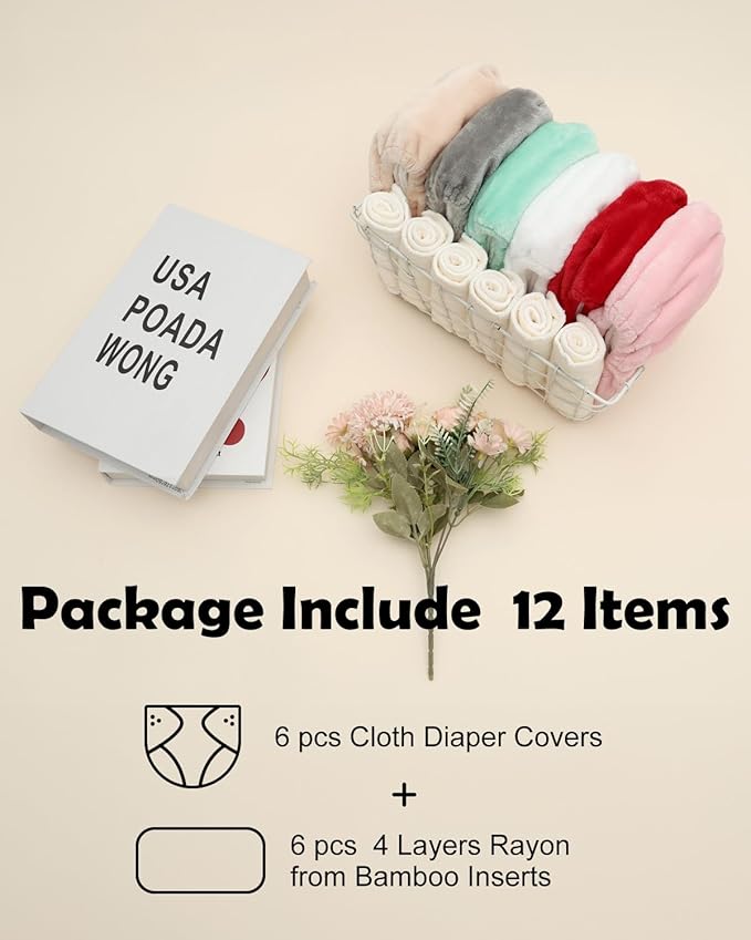 ALVABABY 6 Pack Baby Cloth Diapers Warm for Autumn and Winter with 6pcs 4-Layers Rayon from Bamboo Inserts,Cloth Diaper Covers Adjustable Washable Reusable for Baby Girls and Boys 6BMR02