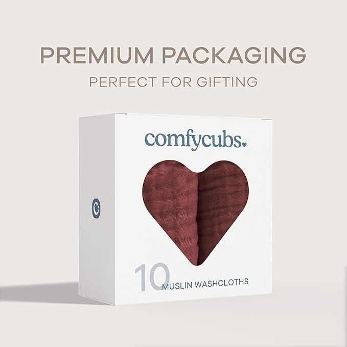 Comfy Cubs Muslin Baby Washcloths 10 Pack - Soft 6-Layer Cotton Wash Cloths for Sensitive Skin - 10"x10" Large, Gentle, Absorbent Infant Essentials for Newborn and Toddlers - Wine