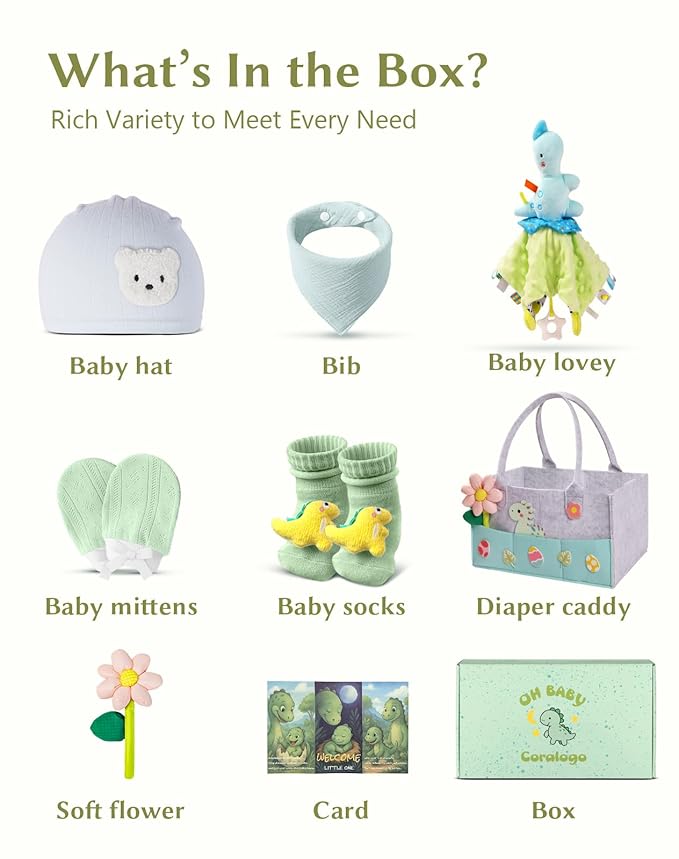 Coralogo Baby Shower Gift Basket - Baby Gift Set with Practical Diaper Caddy, Gifts for New Mom, Gender Reveal Gifts, New Born Essential Include Security Blanket Hat Bib Socks Mittens, Boy