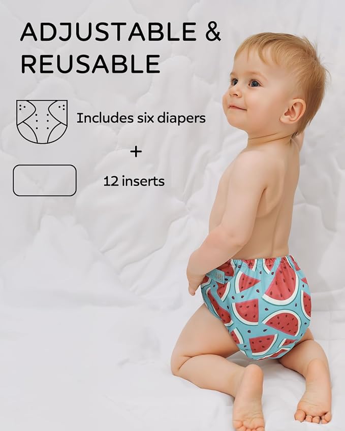 ALVABABY 6 Pack Cloth Diaper with 12 Inserts One Size Adjustable Washable Reusable Diaper Cover for Baby Girls and Boys