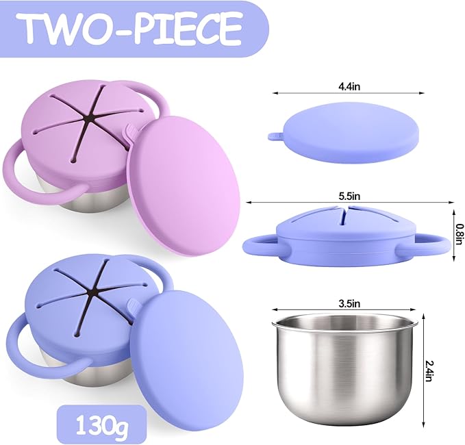 2-Pack Stainless Steel Snack Containers for Kids with Spill-Proof Silicone Lids & Handles - 3-in-1 Baby Snack Cups, No-Spill Toddler Snack Box, Perfect for On-the-Go Healthy Eating(Blue+Purple)