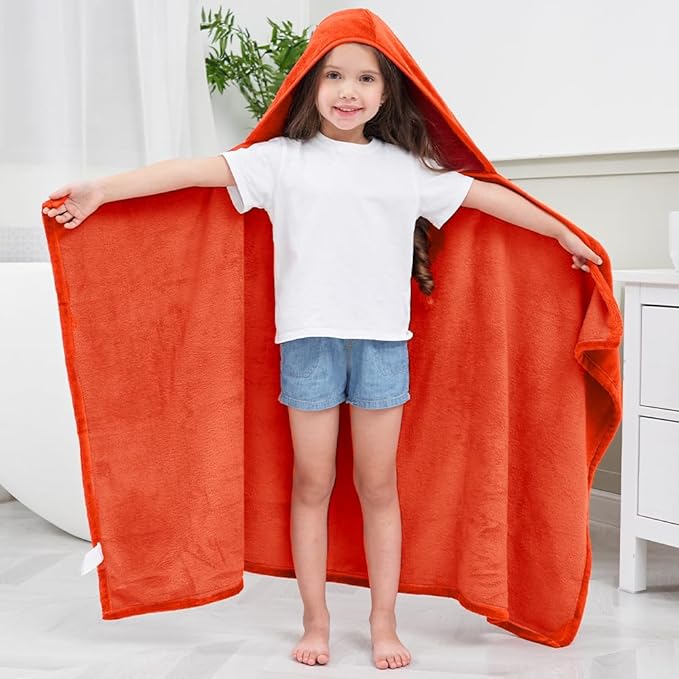 Hiturbo Kids Fleece Hooded Bath Towel: Soft Plush Pool Beach Towel Blanket - 50"x30" Toddler Towels Wrap for Boys Girls 3-12 Years (Orange)